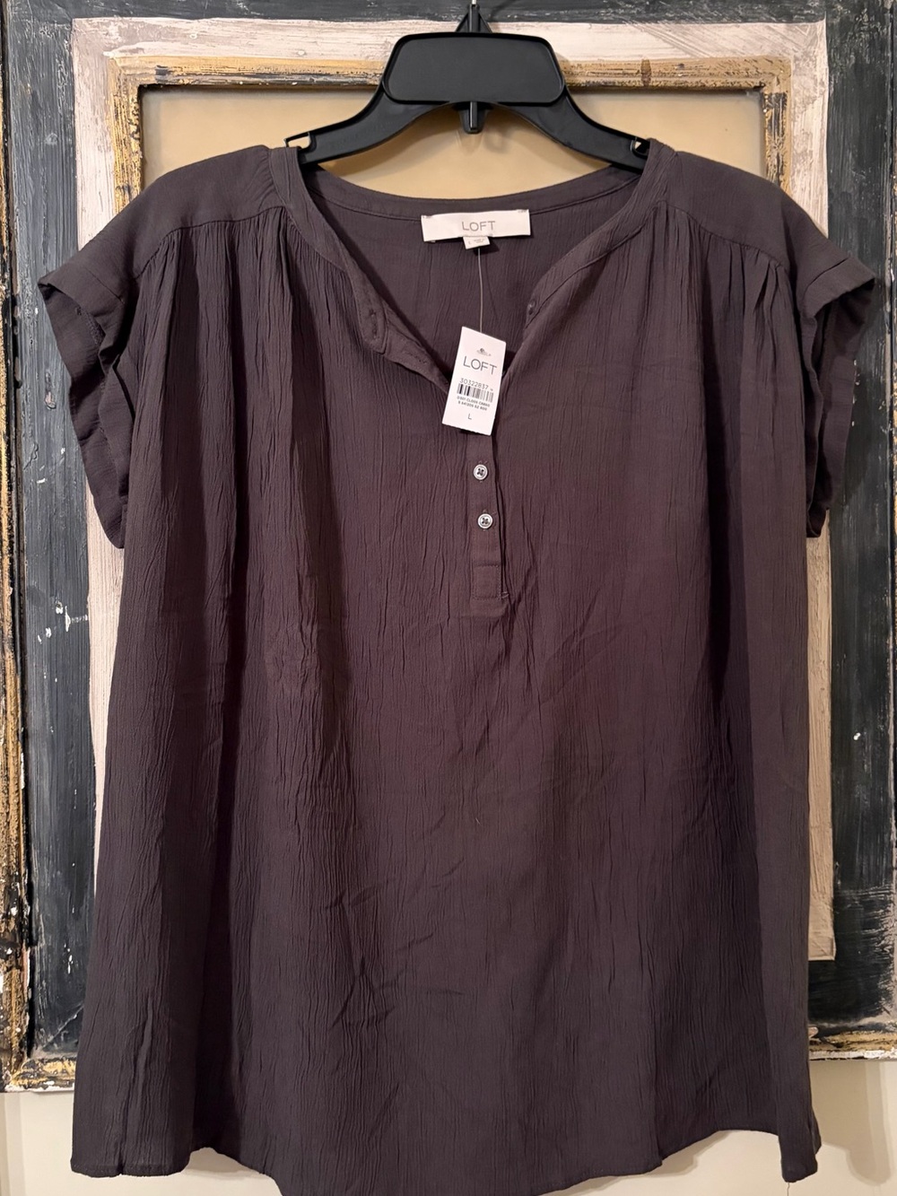 LOFT Crinkle Short Sleeve Henley Tunic in Dark Brown
